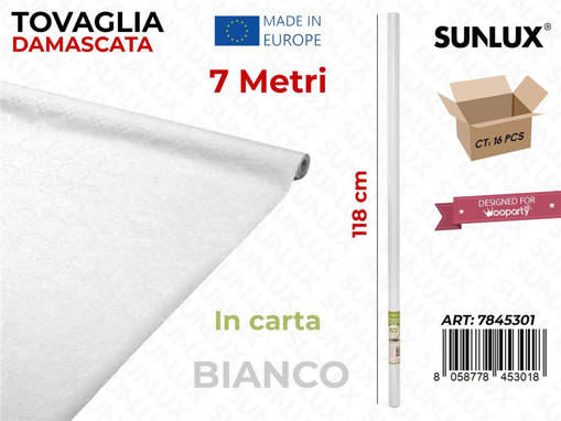 Sunlux Tovaglia Damascata in Carta, 118cm x 7 mt, BIANCO 