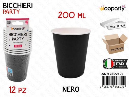 Wooparty Bicchieri Carta Monouso Nero 12Pcs 200Ml