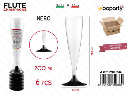 Wooparty Flute Nero 200Ml 6Pcs 6.5*17.5Cm Pz Da 24**