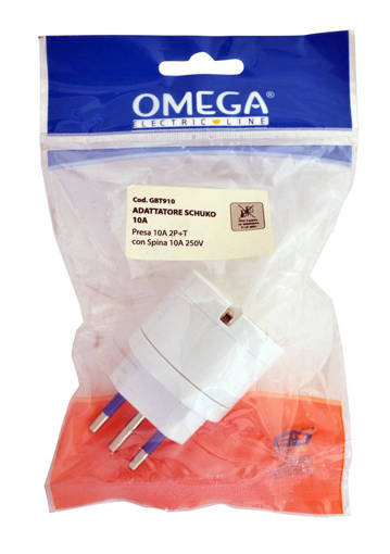 Omega Adattatore Schuko Presa Schuko P30 10A Standard Italiano, 16A Standard Tedesco 2P+T, Spina S11 10A 2P+T