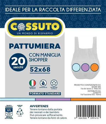 Cossuto 20 Sacchi Pattumiera 52x68 Cm, 30 Litri, Arancione / Lilla / Azzurro, T-Shirt