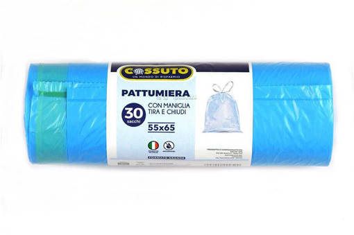 Cossuto 30 Sacchi Pattumiera 55x65 Cm, 40 Litri, Azzurro, Maniglia Scorrevole Tira E Chiudi
