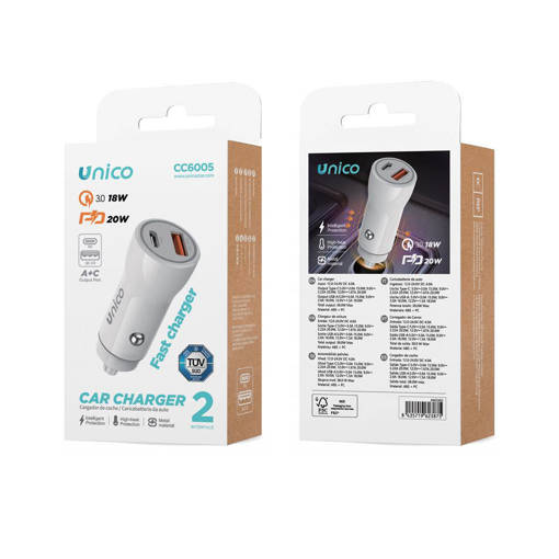 Unico 2 New CC6005 Car Charger 2USB Type-A+C PD20W+QC18W RoHS CE TUV White Single Unit