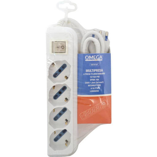 Omega Multipresa 4 Prese Universali P40 Bipasso-Schuko 10/16A 2P+T, Cavo 1.5Mt H05Vv-F 3Gx1Mm, Spina 16A 2P+T, Con Interruttore Luminoso