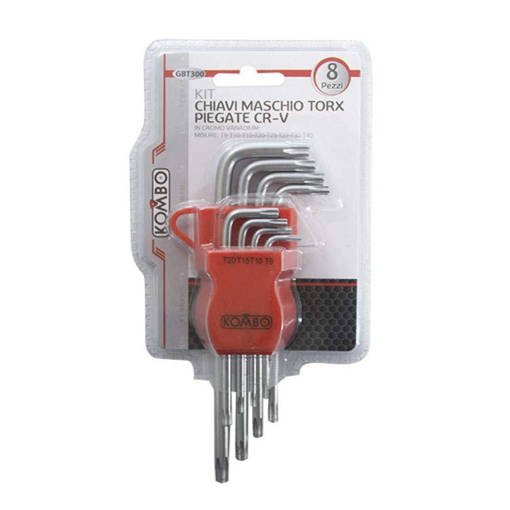 Kombo Set 8 Pezzi Chiavi Maschio Torx Piegate In Cromo Vanadium Crv, Esecuzione Cromata, Con Astuccio Per Rimessaggio. Misure T9 / T10 / T15 / T20 / T25 / T27 / T30 / T40
