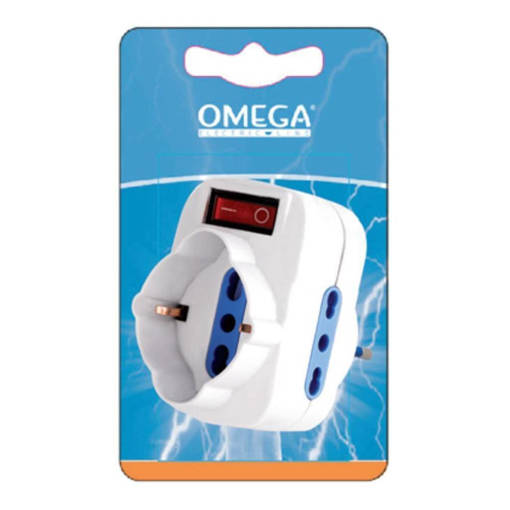 Omega Adattatore Rotante 1 Presa Universale P40 Bipasso-Schuko 10/16A 2P+T, 2 Prese Bipasso 10/16A 2P+T, Spina S17 16A 2P+T, Con Interruttore Luminoso