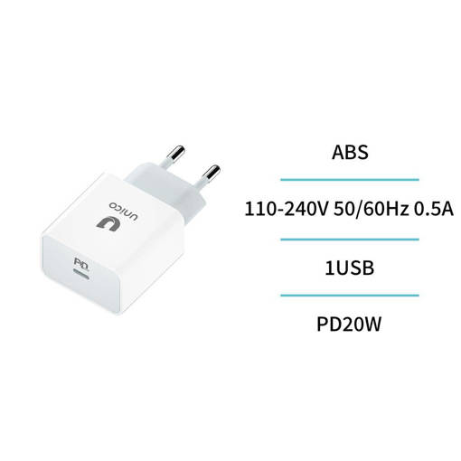 Unico HC0392 Travel Charger 1USB-C PD20W RoHS CE White Unit