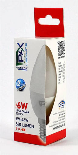 PAX Candela Led C37 6W 540Lm 3000K E14 , 37*99Mm, 25000H, Ic Driver, 200° Beam Angle, 2 Anni Di Garanzia F