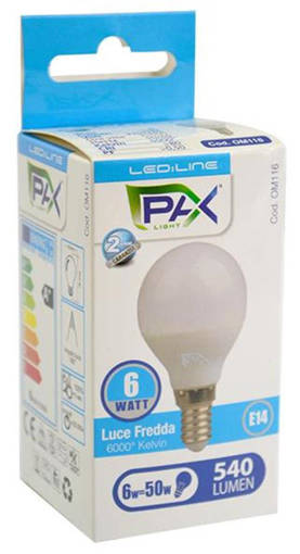 PAX Sfera Led P45 6W 540Lm 6500K E14 45*78Mm, 25000H, Ic Driver, 200° Beam Angle, 2 Anni Di Garanzia F