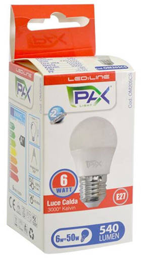 PAX Sfera Led G45 6W 540Lm 3000K E27, 45*79Mm, 25000H, Ic Driver, 200° Beam Angle, 2 Anni Di Garanzia F