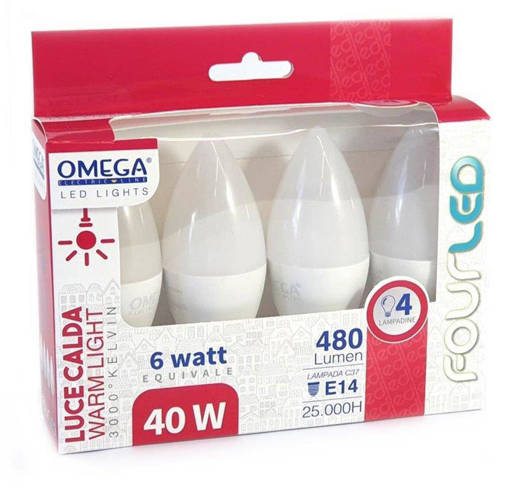 Omega Set 4 Pz Candela C37 6W Led 3000K 540Lm E14 F