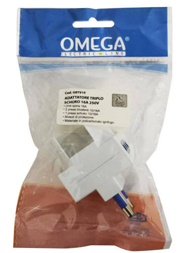 Omega Adattatore Triplo 1 Presa Universale P40 Bipasso/Schuko 10/16A 2P+T + 2 Prese Bipasso P11/17 10/16A 2P+T, Spina S17 16A 2P+T