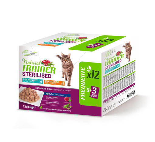 Natural Trainer Gatto Adulto Sterilizzato 12*85 gr, Tacchino/Merluzzo