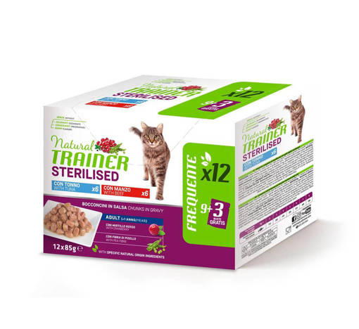 Natural Trainer Gatto Adulto Sterilizzato 12*85 gr, Tonno/Manzo