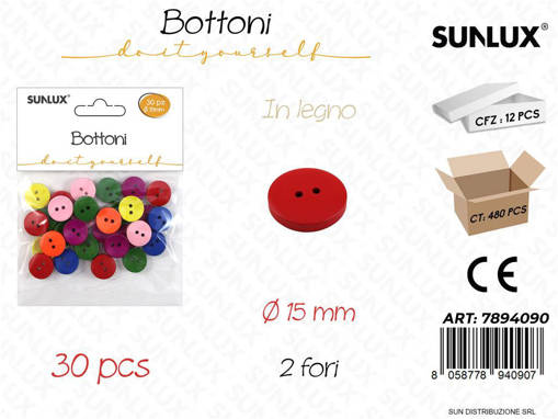 Bottoni In Legno Col. Ass. 30Pcs D.15Mm /Pz Da 12**