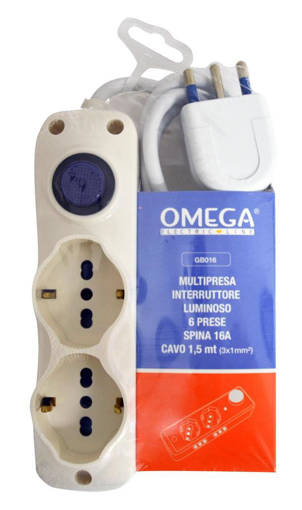 Omega Multipresa 2 Prese Universali P40 Bipasso-Schuko 10/16A 2P+T + 4 Prese Bipasso 10/16A 2P+T, Cavo 1,5Mt H05Vv-F 3Gx1Mm, Spina S17 16A 2P+T, Con Interruttore Luminoso