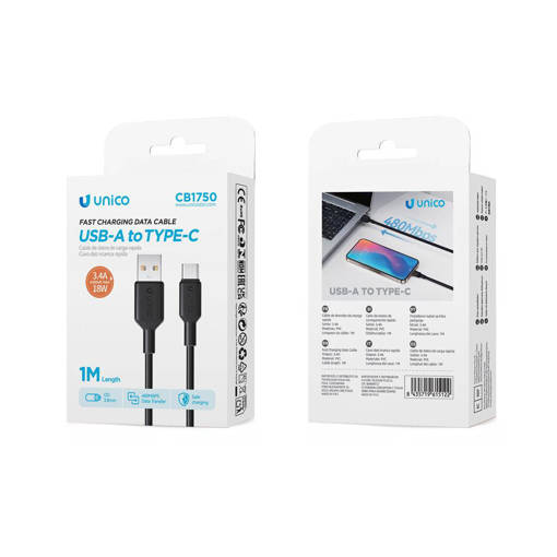 Unico CB1750 3.4A A-C PVC Injection Round Cable 1M OD3.8 Small CAVO Package Black