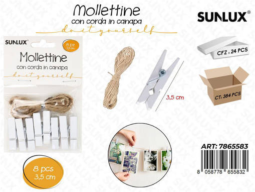 Mollettine Legno Bia. C/ Corda Canapa 8Pcs 3.5Cm/Pz Da 24**