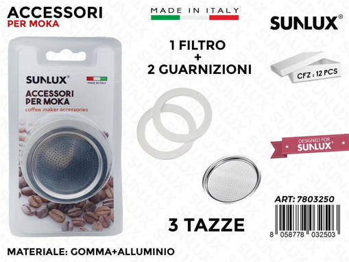 Sunlux Ricambio Per Moka 2 Guarnizioni + 1 Filtro, 3 Tazze