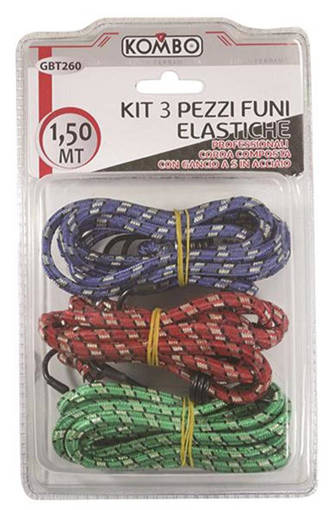 Kombo Kit 3 Pz. Funi Elastiche Diam.8Mm L=1,50Mt , Colori  Assortiti, Doppio Gancio