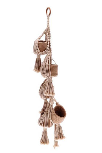 natural cotton hanging vase holder with 5 camel cotton vases (diam. cm. 9 x h. cm. 8) cm. 9 x h. cm. 120 in polybag with hangtag