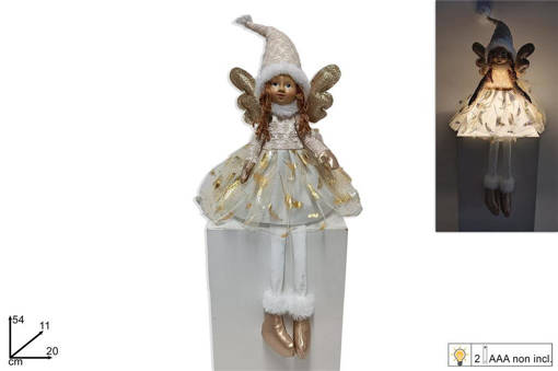 Angelo Seduto Con Vestito Tulle Bianco/Oro E Cappello Con Luci