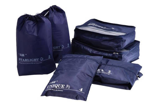 s/6 (50% 210D polyester + 10% polyester mesh + 25% PE +10% nylon zipper + 2% iron + 3% PVC) drawstring luggage orgainizers ass. 4 colors in color box