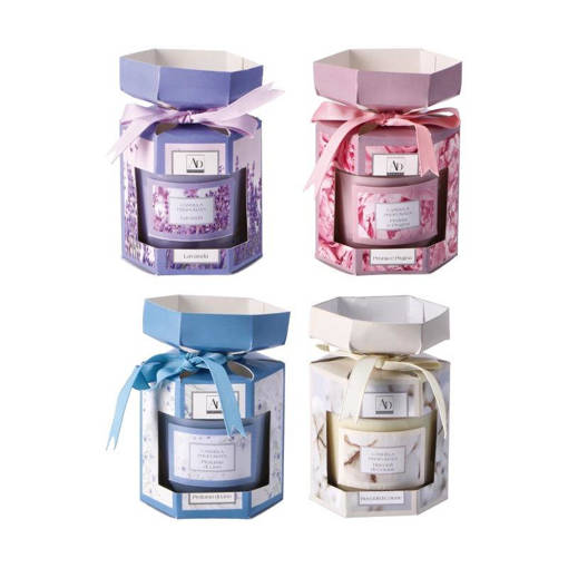 Scented (4% fragrance) candle gr. 120 in glass jar diam. cm. 7 x h. cm. 10 ass. 4 colors/fragrances in color box