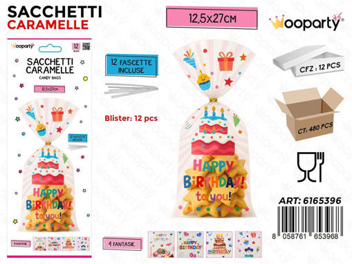Wooparty Wooparty Sacchetti Caramelle 12Pcs C/Fascette 12.5*27Cm Ass.
