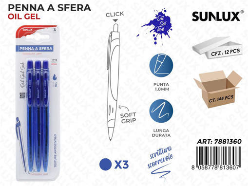 Sunlux - Bl. Penne A Sfera Oil Gel Blu 3Pcs /Pz Da 12** 7881360