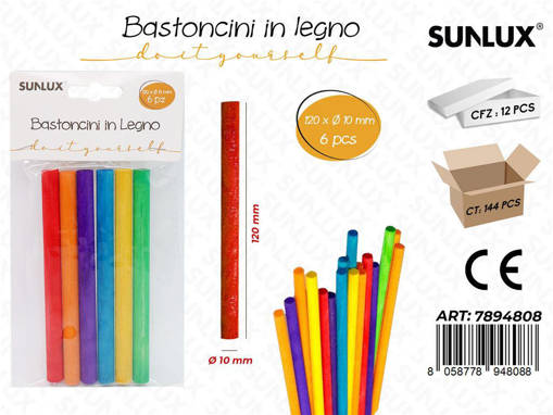 Sunlux Bastoncini In Legno 1 Confezione 6 Pezzi Colori Assortiti Ø 1 Cm x 12 Cm