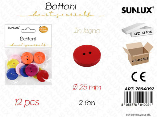 Sunlux Bottoni In Legno 1 Confezione 12 Pezzi Colori Assortiti Ø 2,5 Cm 2 Fori