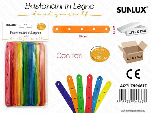 Sunlux Bastoncini In Legno 1 Confezione +/- 30 Pezzi Colori Assortiti 15 Cm x 1,8 Cm