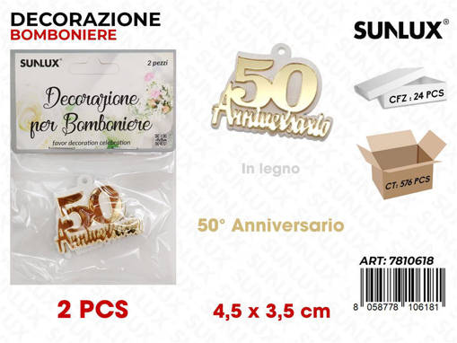 Sunlux Dec. Bomb. 50Anniv. Legno 2Pcs 4.5*3.5Cm /Pz Da 24**