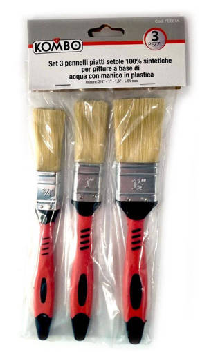 Kombo Set 3 Pennelli Setole 100% Sintetiche Per Pitture Acqua, Manico Plastica. Misure 3/4 - 1 - 1.5