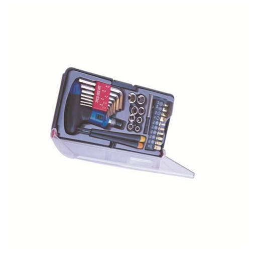 Kombo Kit Cacciavite Portainserti Composto Da: 1 Astuccio Con Coperchio Trasparente Per Corretto Rimessaggio Degli Utensili, 1 Cacciavite A T A Cricchetto, 10 Inserti (Sl5.5 / Sl7 / Ph1 / Ph2 / Pz1 / Pz2 / T10 / T15 / T20 / Adp) , 1 Astuccio In Gomma Portainserti, 1 Estensione Per Bussole ¼, 8 Bussole ¼, 2 Cacciaviti Di Precisione (Ph2 / Sl2), 7 Brugole Esagonali