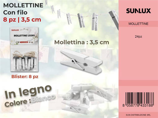 Mollettine Con Filo In Legno Bianco 8Pc-3.5Cm /Pz Da 24**
