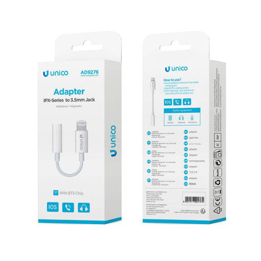 Unico AD9276 Bluetooth lightning male to 3.5mm female adapter Zhongke white ROHS