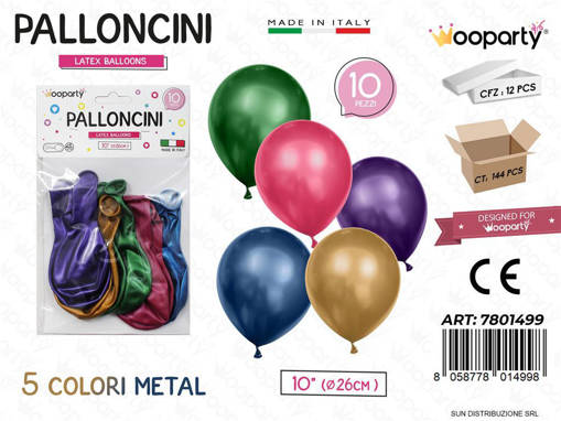 Wooparty PALLONCINI 5COL. ASS. METAL 10'''' D.26CM 10PCS /PZ DA 12**