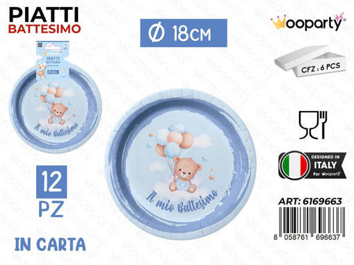 Wooparty /Wooparty Piatti Carta Battesimo Boy 18Cm 12Pcs /Pz Da 12**