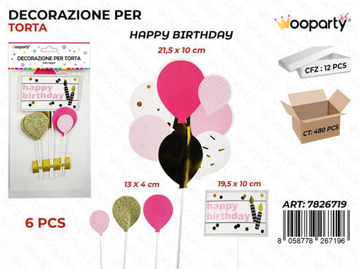 Wooparty Dec. Per Torta H. Birthday 6Pcs Mis. Ass. / Pz Da 12**