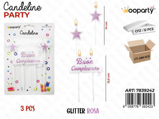 Wooparty Candeline B.Compl. Glitter Rosa 3Pc /Pz Da 12**