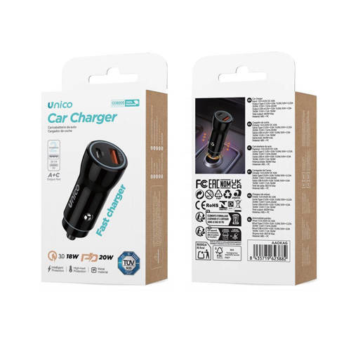 Unico 2 New CC6005 Car Charger 2USB Type-A+C PD20W+QC18W RoHS CE TUV Black Single Unit