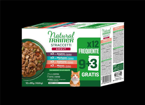 Natural Trainer Gatto Straccetti Adulto Multipackack 4*12*85G (Manzo/Salmone/Anatra/Cofish)