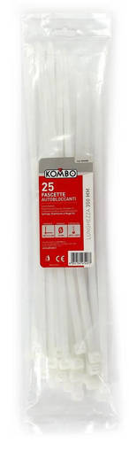 Kombo Set 25 Pezzi Fascette Per Cablaggio, Colore Bianco, Lunghezza 350 Mm, Spessore 7,6 Mm. Diametro Max Di Serraggio 90 Mm, Resistenza Alla Trazione 10<Dan<13. In Poliammide Pa 6.6, Flame Retardant V2, Temperatura Di Utilizzo -35 C° / +85 C°, Ignifuga, Stabilizzata Ai Raggi Uv. Ce
