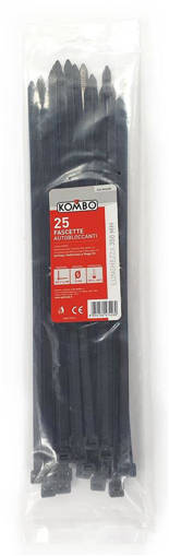 Kombo Set 25 Pezzi Fascette Per Cablaggio, Colore Nero , Lunghezza 350 Mm, Spessore 7,6 Mm. Diametro Max Di Serraggio 90 Mm, Resistenza Alla Trazione 10<Dan<13. In Poliammide Pa 6.6, Flame Retardant V2, Temperatura Di Utilizzo -35 C° / +85 C°, Ignifuga, Stabilizzata Ai Raggi Uv. Ce