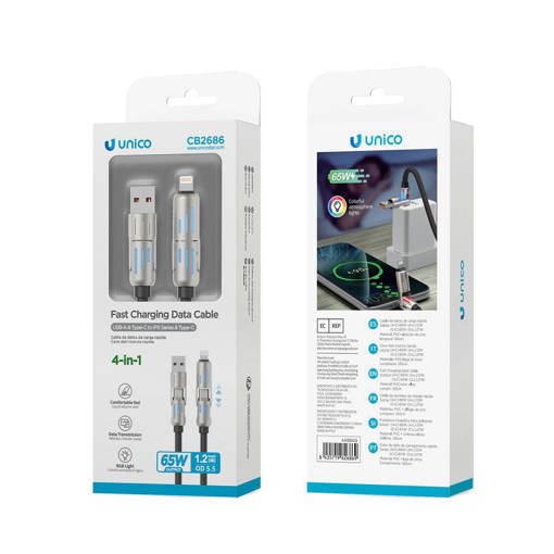 Unico CB2686 A&C to C&L 65W 4-in-1 Silicone Data Cable 1.2M OD5.5mm Black ROHS