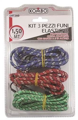 Kombo Kit 3 Pz. Funi Elastiche Diam.8Mm L=1,50Mt , Colori  Assortiti, Doppio Gancio