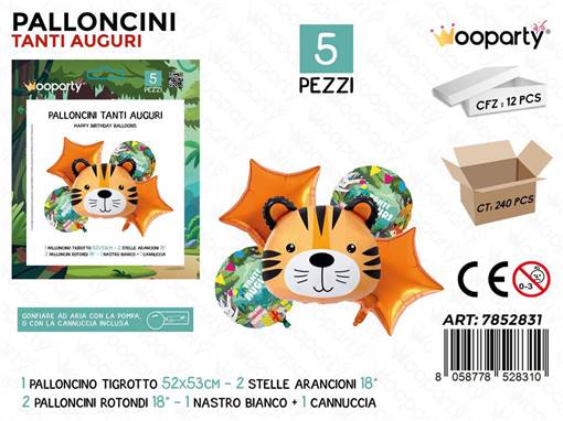 Wooparty Palloncini Tanti Auguri Tigre 5Pcs Ass.