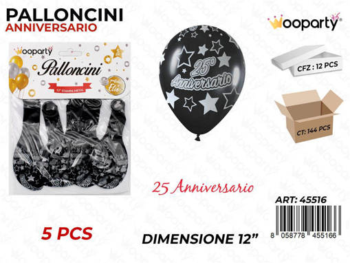 Wooparty /Palloncini 25 Anniversario 12'' -5Pcs /Pz Da 12**